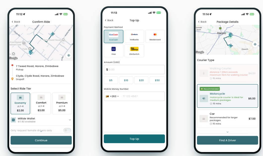 MiRide app screens: confirm ride, top up wallet, package details