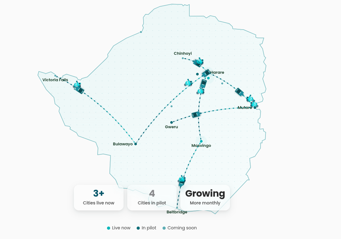 MiRide coverage map of Zimbabwe